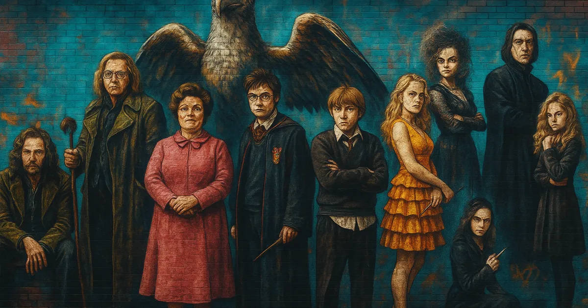 A mural featuring multiple Harry Potter characters including Sirius Black Mad Eye Moody Umbridge Harry Ron Hermione Bellatrix Snape and others standing in a line