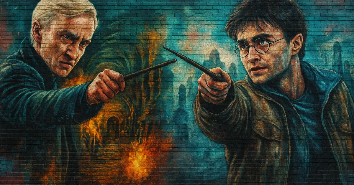 graffiti mural depicting Harry Potter and Draco Malfoy pointing wands at each other in a fierce duel with magical energy swirling around them