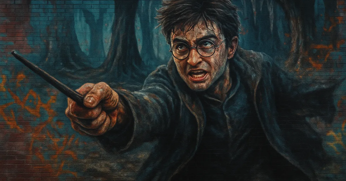 A mural of Harry Potter in a dark forest raising his wand with an intense expression