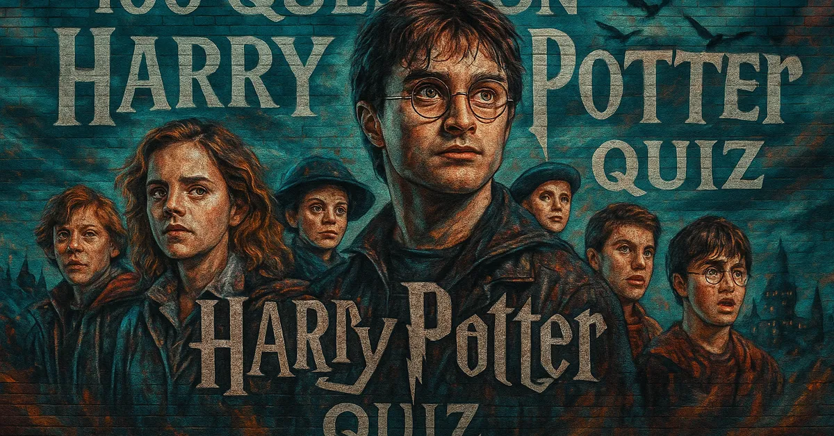 A mural of Harry Potter Hermione Granger Ron Weasley and other Hogwarts students standing together in worn clothing with the words Harry Potter Quiz painted above them