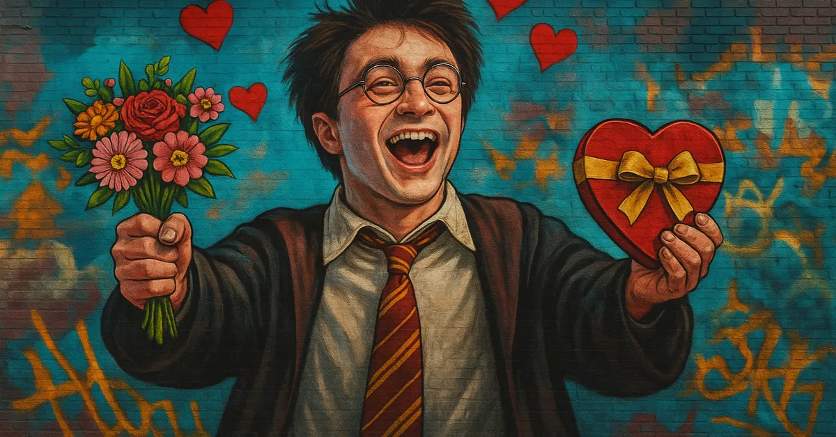 a mural of harry potter laughing brightly while holding a bouquet of flowers in one hand and a heart shaped chocolate box in the other referencing his early story romances