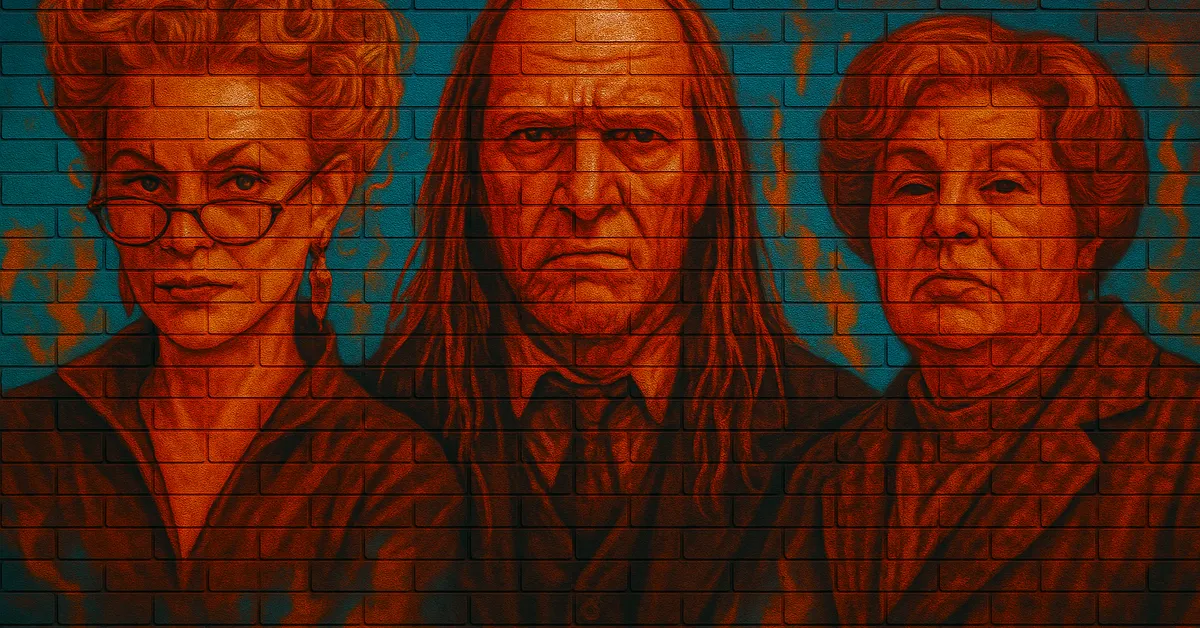 street art group portrait of minor Harry Potter characters including Rita Skeeter, Argus Filch, and Dolores Umbridge looking serious