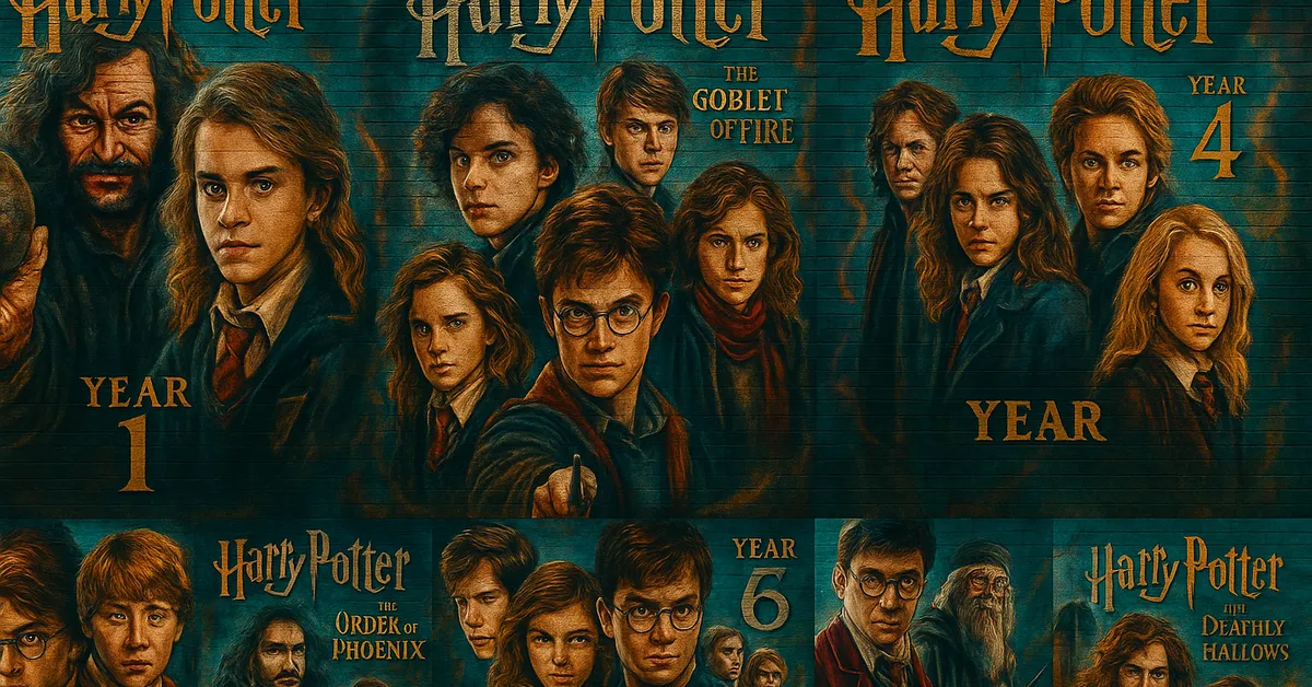 A mural showing a collage of characters from every Harry Potter film arranged by year with Harry Ron Hermione and other cast members grouped under movie titles