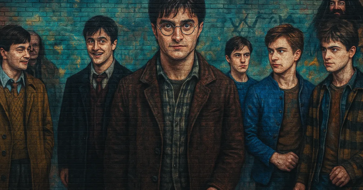 A mural showing several different versions of Harry Potter standing together in various outfits and ages
