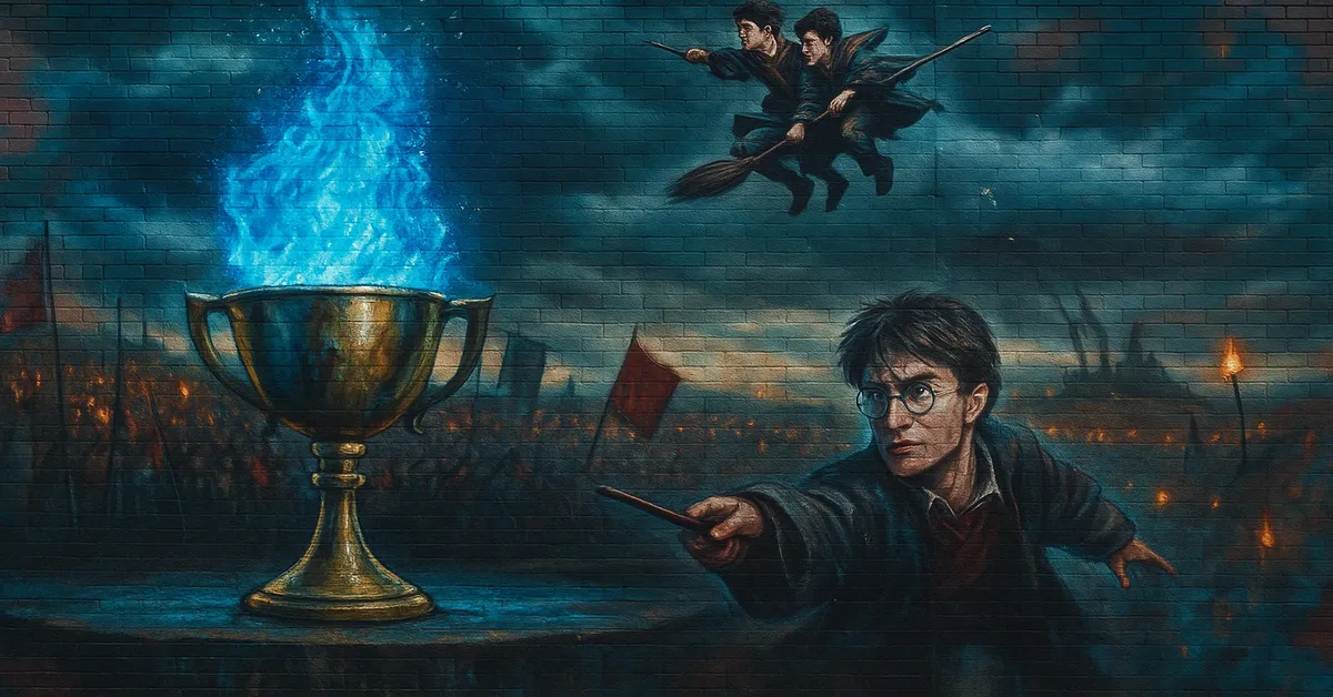 A mural showing Harry, Ron, and Hermione standing in tense poses with a dark blue brick wall behind them.