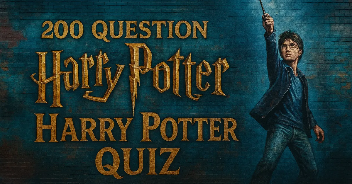 A mural of Harry Potter raising his wand with bright light at the tip while standing against a dark teal brick wall with the words Harry Potter Quiz beside him