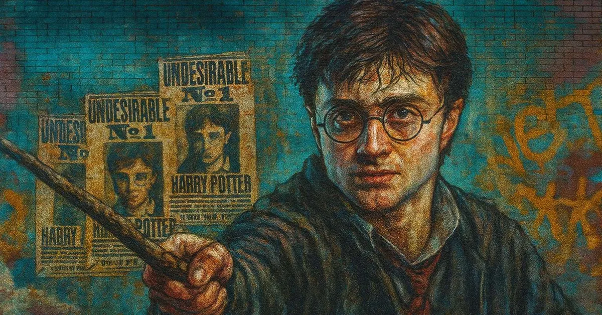 graffiti mural of Harry Potter holding a wand out with a determined look on his face standing in front of several Undesirable Number One wanted posters pasted on the wall