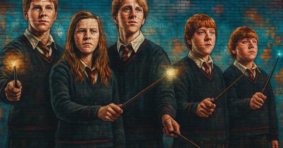 A mural of Harry Potter casting a spell while the Triwizard Cup blazes with bright blue magical fire.