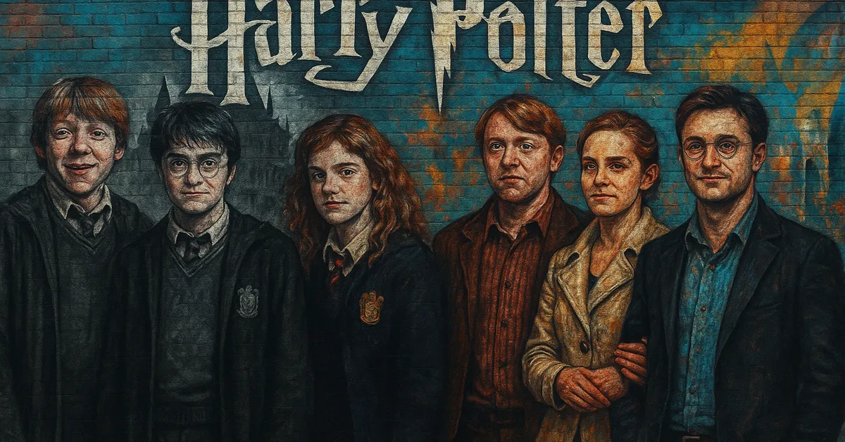 A mural showing Harry Ron and Hermione at different ages from school uniforms to adulthood with the Harry Potter title above them creating a clear visual timeline of the main trio across the story