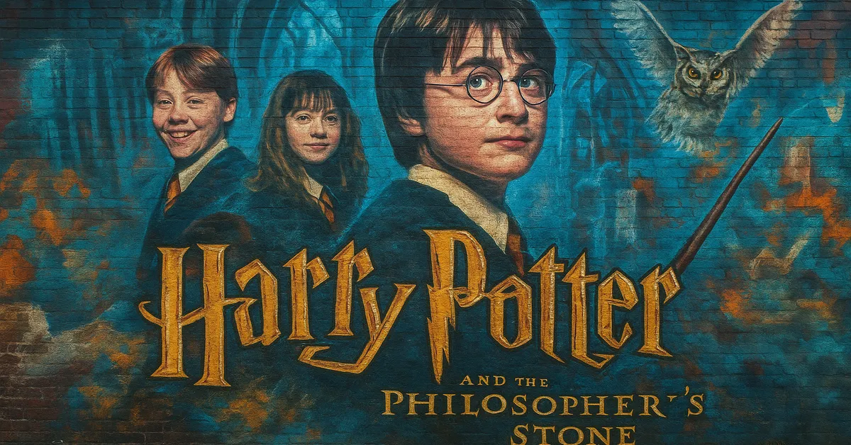 A mural of young Harry Ron and Hermione wearing Gryffindor uniforms with an owl flying overhead tying the scene to the early Hogwarts years