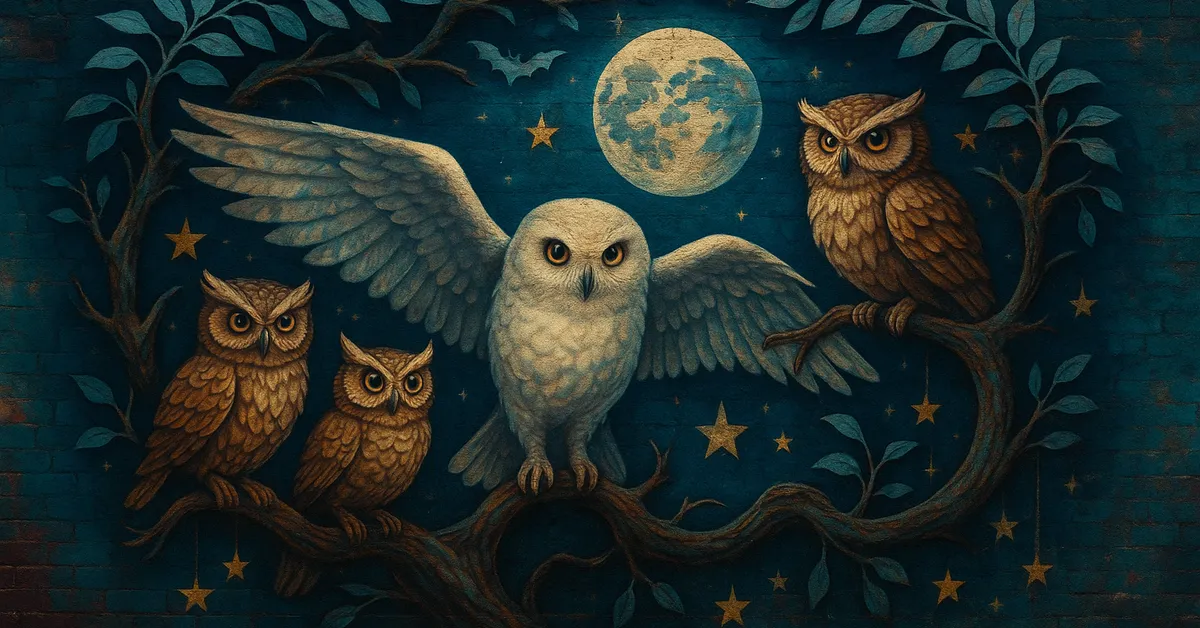 A mural of Harry seated at a table overflowing with parchment while multiple owls deliver letters and perch around him echoing the Hogwarts acceptance chaos