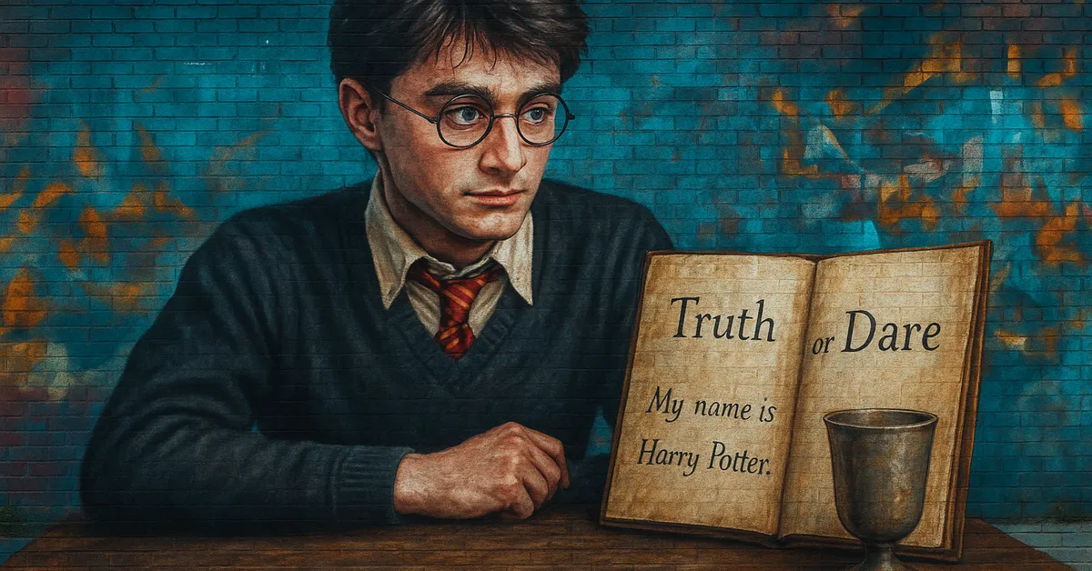 A mural of Harry Potter sitting at a table beside an open book titled Truth or Dare with a goblet placed next to it