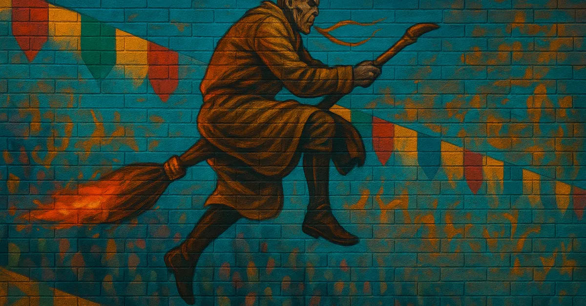 graffiti mural of Hassan Mostafa depicting a bald wizard in golden robes flying on a broomstick while officiating a match on a textured wall