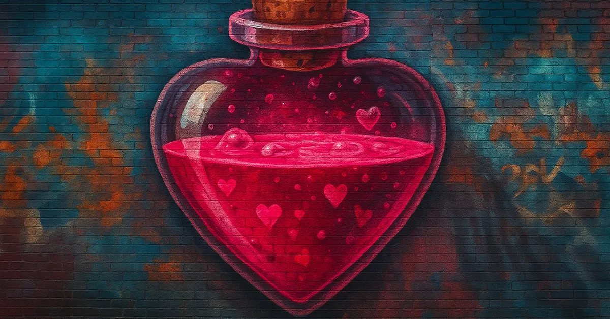 A mural of a bright pink heart shaped bottle filled with a swirling liquid and small heart shapes floating inside against a blue and orange brick wall