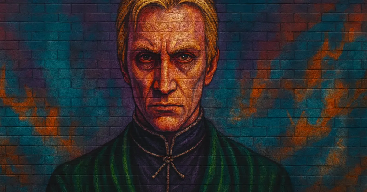 hyper-realistic painting of Hector Dagworth-Granger showing a gaunt wizard with reddish-blonde hair and severe features wearing emerald green robes