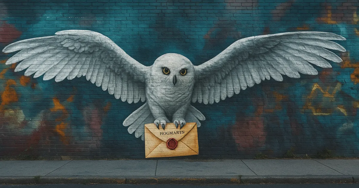 a mural of a white owl flying forward with wings spread wide carrying a hogwarts acceptance letter which visually anchors the image to the start of a student�s magical journey