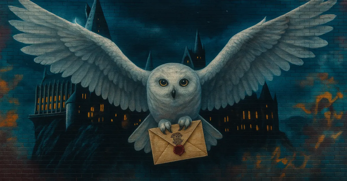 A mural of Hedwig flying with wings spread wide while carrying a sealed Hogwarts acceptance letter.