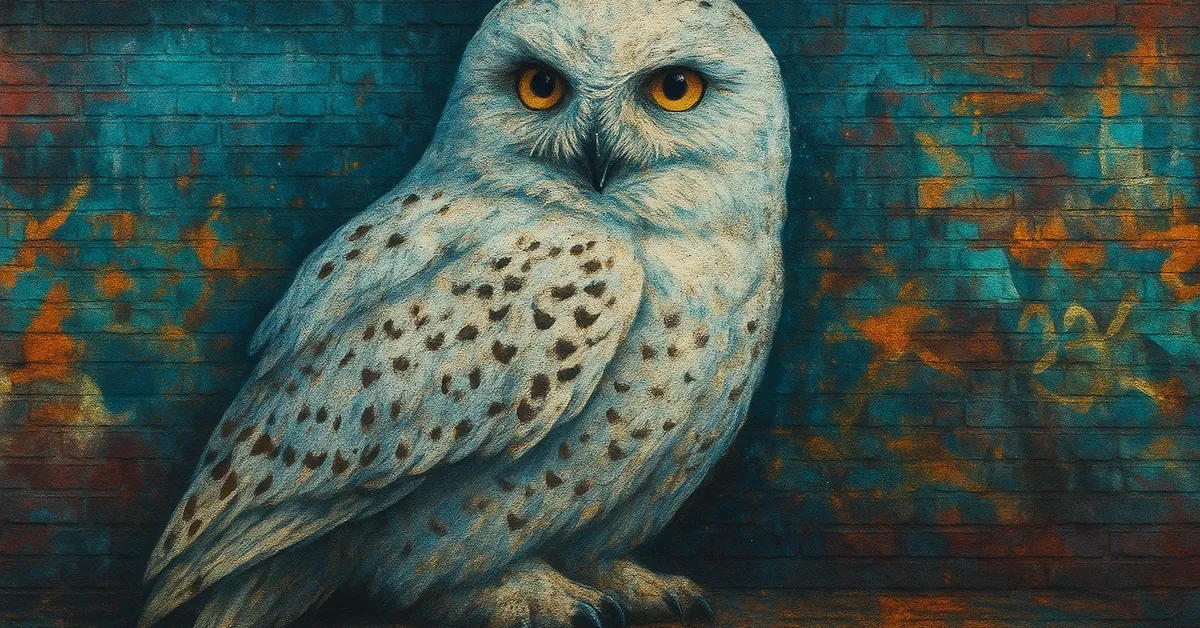 street art portrait of Hedwig The Owl featuring a majestic snowy owl with piercing amber eyes perched against a blue brick background