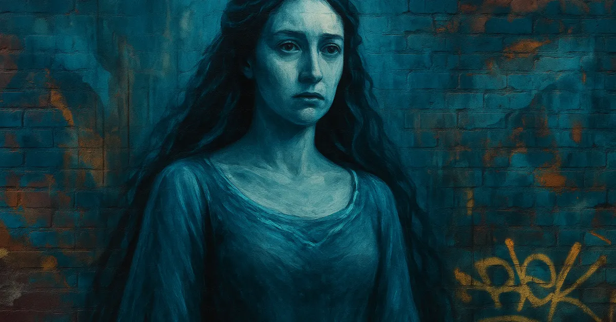 graffiti portrait of Helena Ravenclaw, a ghostly woman with long flowing hair and a sorrowful expression depicted in spectral blue tones