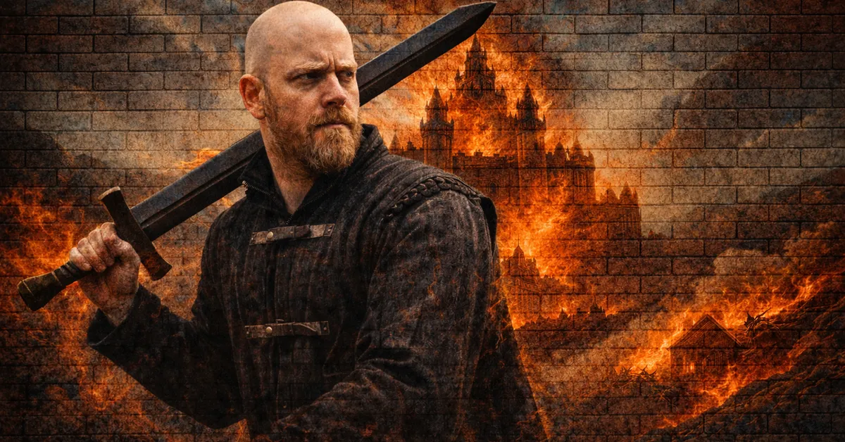 Hendry Bracken raises his wooden sword to defend himself and his burning castle from the men invading