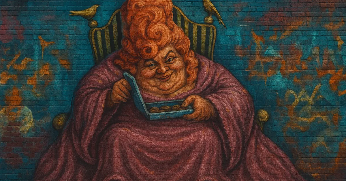 hyper-realistic mural of Hepzibah Smith as a wealthy woman in elaborate purple robes holding an open box with a greedy expression