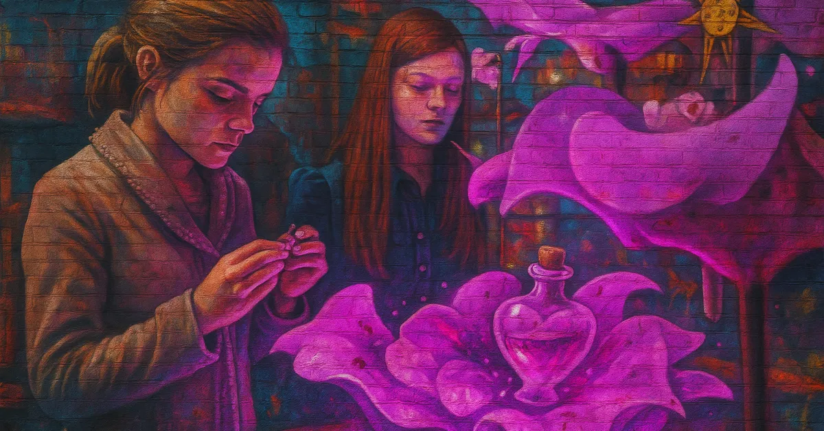A mural of Hermione and Ginny focused on a glowing purple potion surrounded by oversized enchanted flower petals tying the scene to Hogwarts potions work