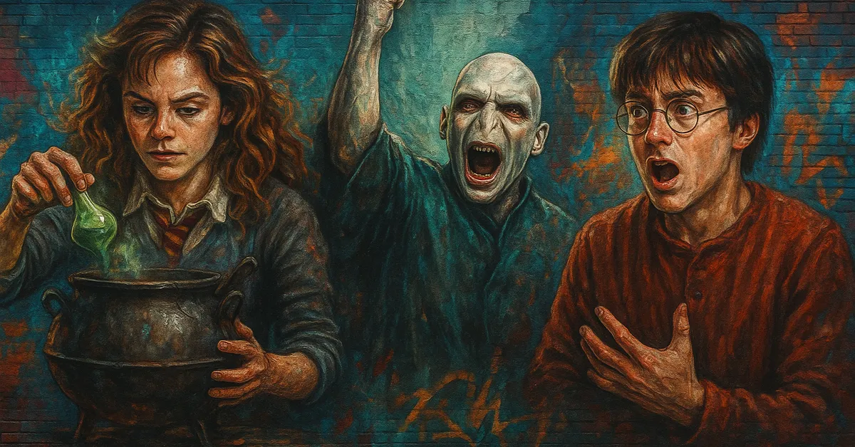 A mural showing Hermione stirring a cauldron beside Voldemort raising his fist and Harry shouting with surprise against a dark teal background