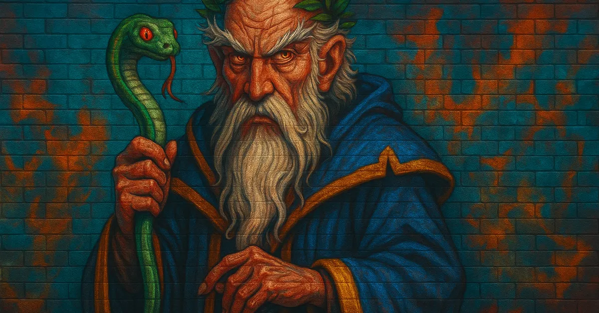 street art portrait of Herpo The Foul as an ancient bearded wizard with a laurel wreath holding a green serpent representing his creation of the basilisk