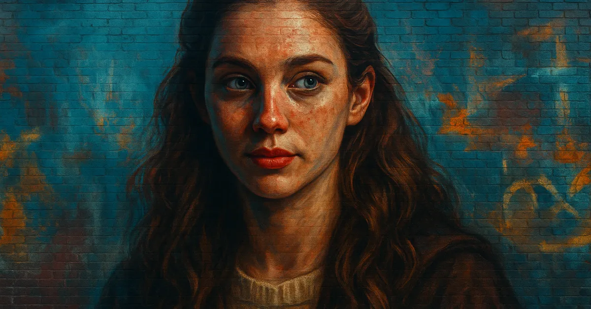 graffiti portrait of Hestia Jones featuring a woman with long wavy brown hair and a serious expression wearing a simple sweater on a blue brick background