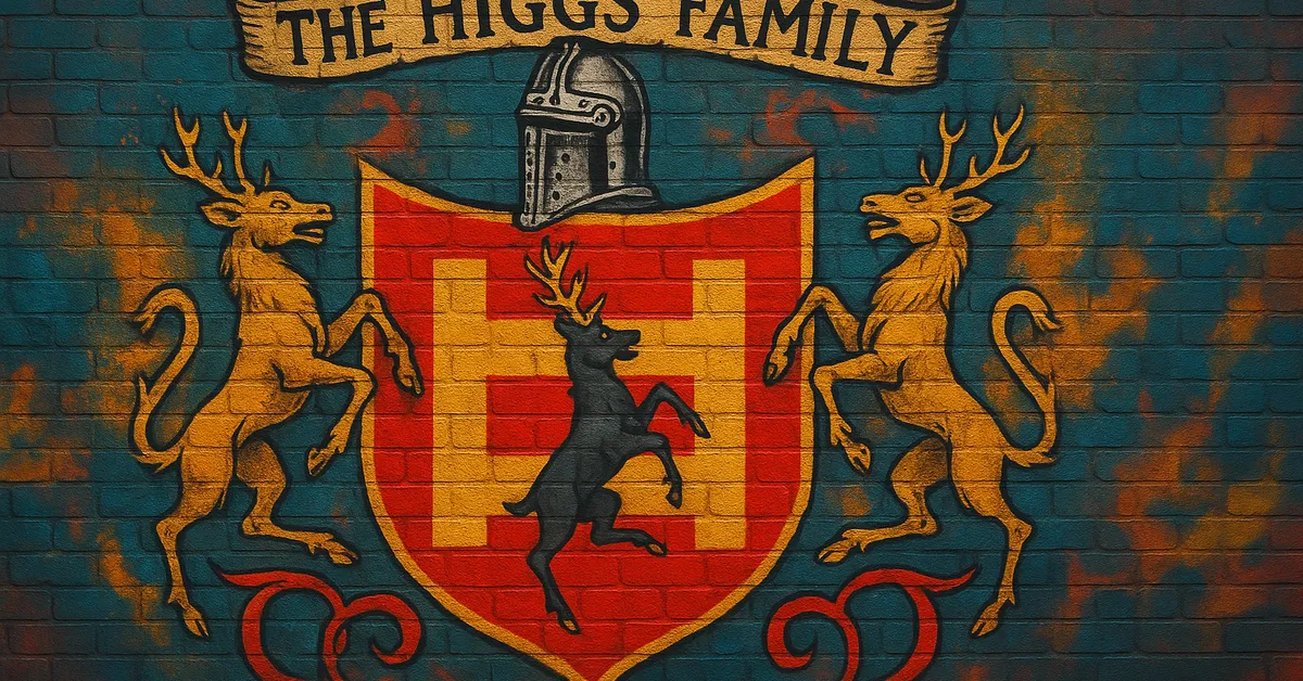 mural of the Higgs Family crest displaying a red shield with a golden ladder flanked by two stag supporters and topped with a knight's helmet