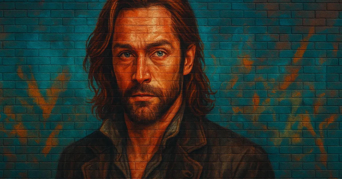 hyper-realistic street art of Hippocrates Smethwyck depicting a rugged man with long hair and a beard staring intently typical of a dedicated Healer