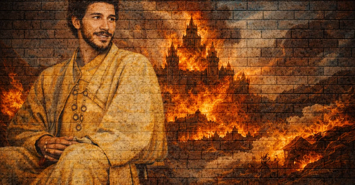 Hizdahr zo Loraq sits like a prince in yellow robes as behind him a kigndom burns with a rage and pace he can not control