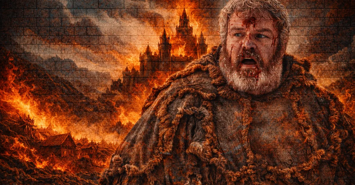 Hodo wearing a huge winter coat, covered in snow, looking for Bran as a castle burns in the back ground