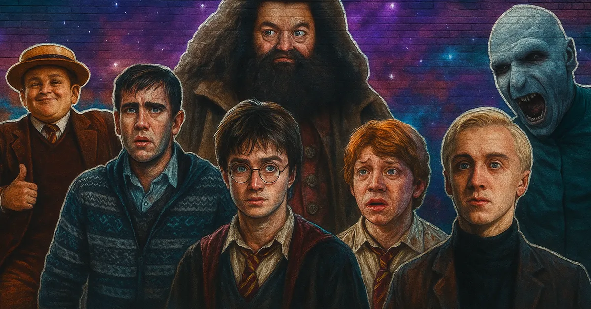 A mural of Hagrid Voldemort Harry Ron Draco and two other characters standing together with a galaxy sky behind them