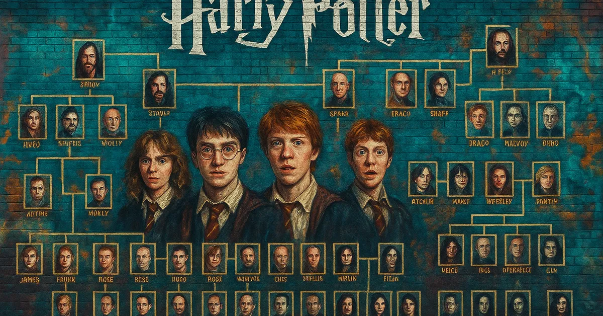 a mural showing harry ron and hermione in front of an extensive wizarding family tree with framed portraits branching across the wall linking iconic characters from the series