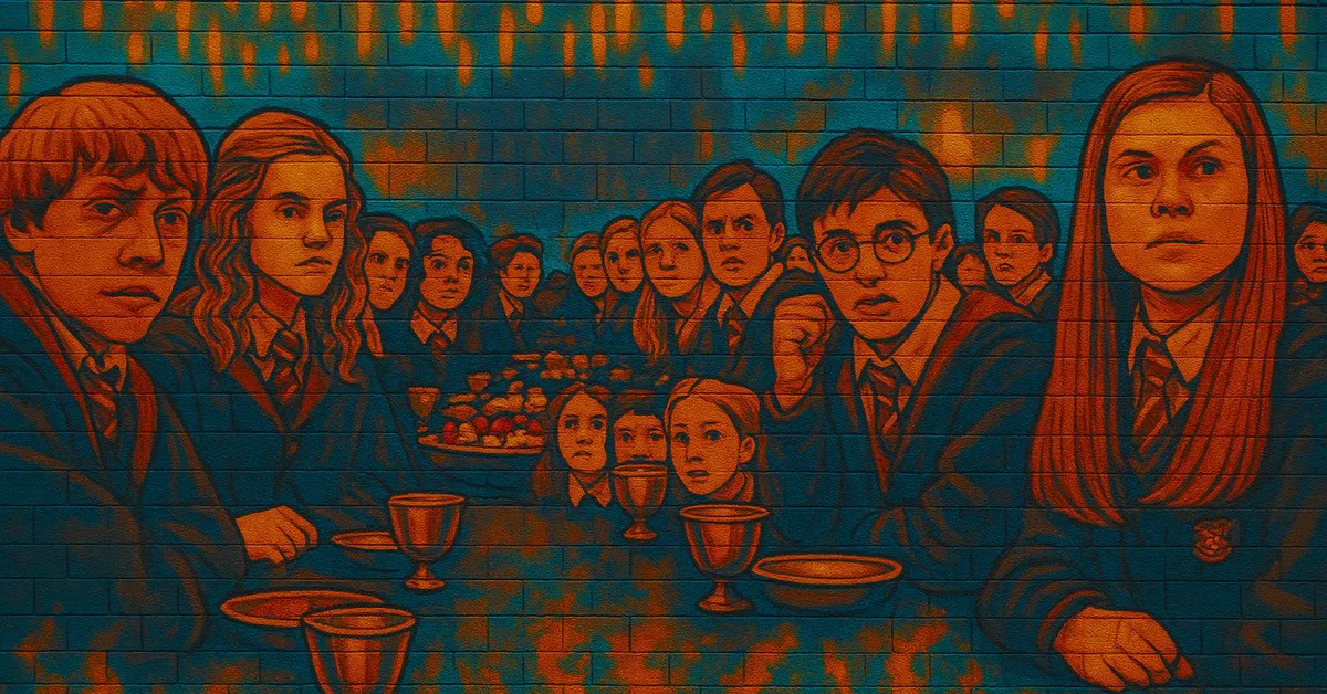 A mural of Hogwarts students sitting at a long table in the Great Hall looking forward with floating candles glowing above them