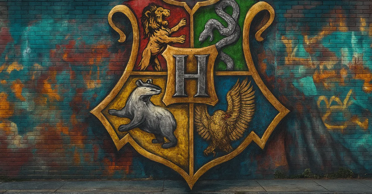 A mural of the Hogwarts crest showing the lion serpent badger and eagle around a large central H with bright gold trim