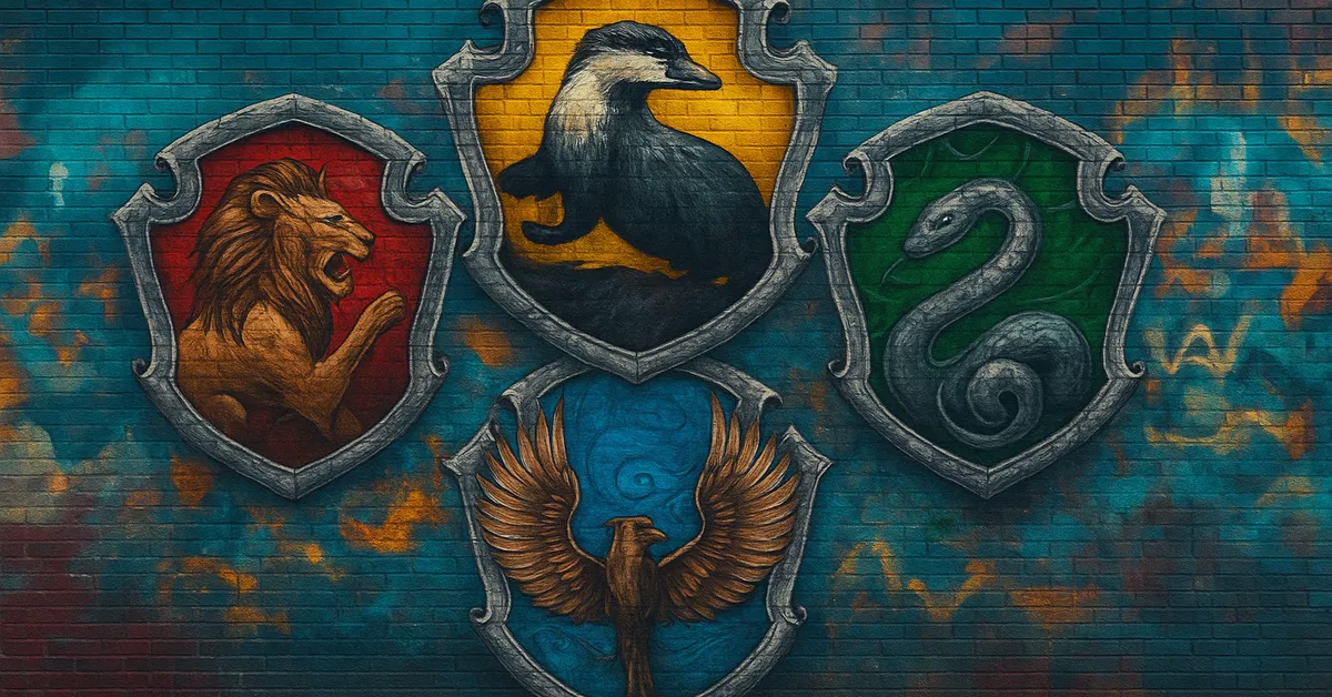 A mural showing four Hogwarts house crests with a lion for Gryffindor a badger for Hufflepuff a serpent for Slytherin and an eagle for Ravenclaw arranged in a diamond pattern on a blue brick wall