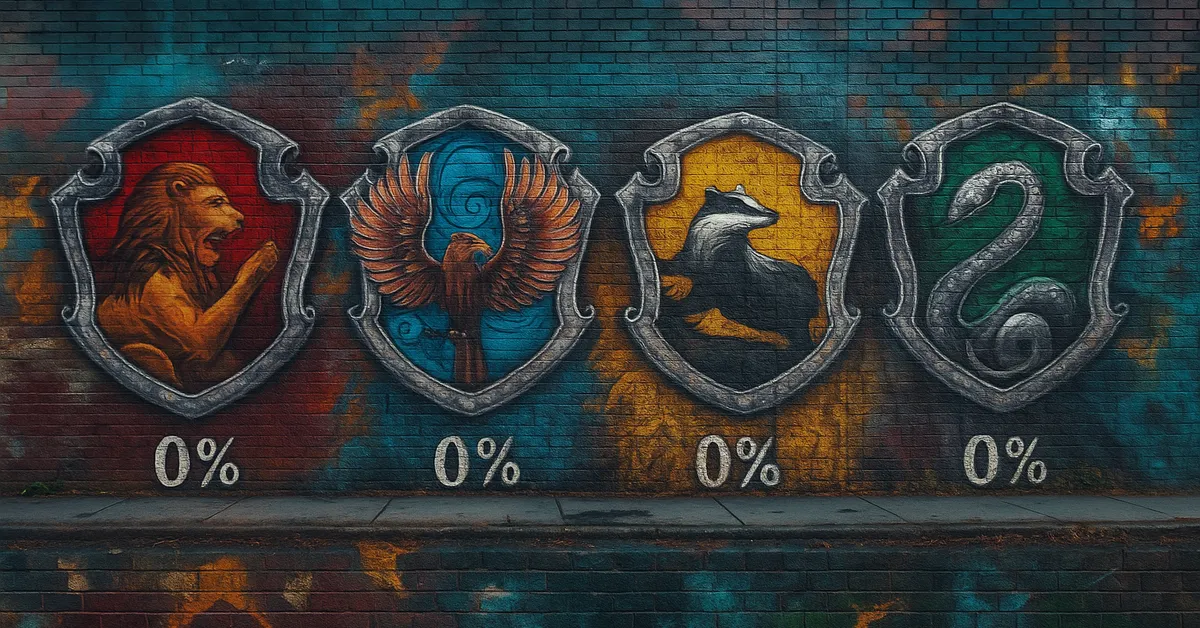A mural displaying the four Hogwarts house crests Gryffindor Ravenclaw Hufflepuff and Slytherin each painted with a large 0 percent beneath them