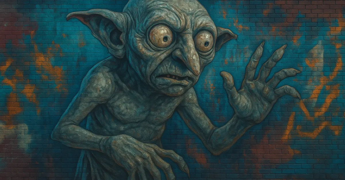 hyper-realistic street art of Hokey, a house-elf with large glass-like eyes and a troubled expression reaching out with one hand