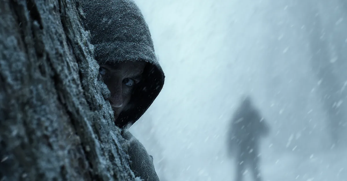 A lone hooded figure hides behind a frozen tree in a blizzard looking fearfully at a vague icy blue shadow in the distance illustrating the terrors beyond the Wall