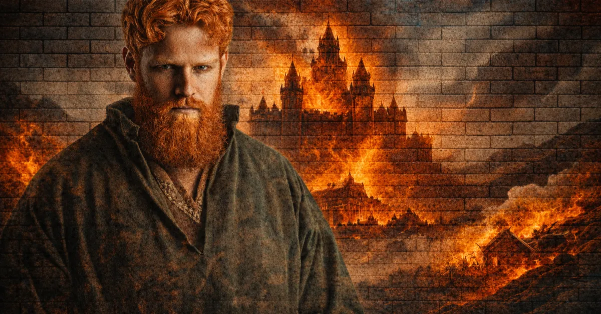 Horas Redwyne stands with a sad face, looking like he wants to be at home, nehind him, his home burns in large flames