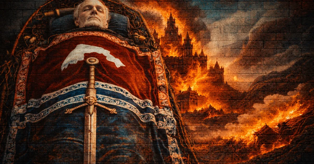 Hoster Tully lies on his death bed waitin for the afterlife as the world is destroyed by fire in the back ground