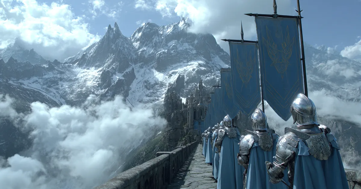 Guards in silver armor with winged helmets stand on the high stone bridge to the Eyrie amidst clouds holding sky-blue banners displaying the moon and falcon