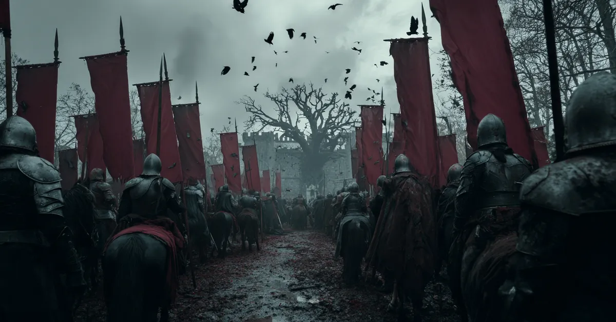 Soldiers in dark mail gather around a colossal dead weirwood tree covered in ravens at Raventree Hall holding banners showing ravens surrounding a weirwood head