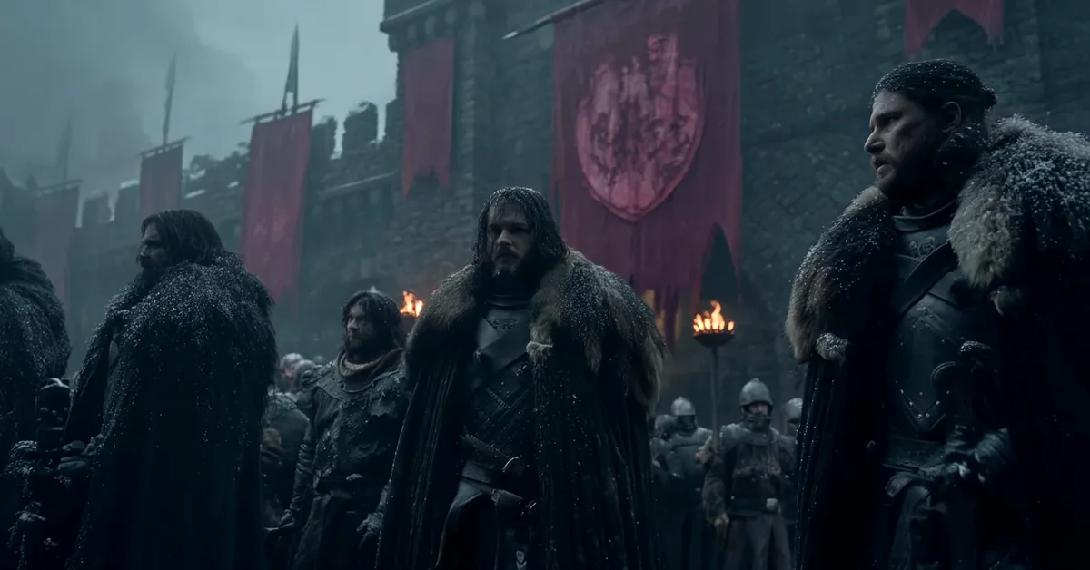 Menacing House Bolton soldiers in heavy black iron armor stand in the gloomy torchlit courtyard of the Dreadfort fortress holding unsettling banners displaying the flayed man sigil in red on a pink field