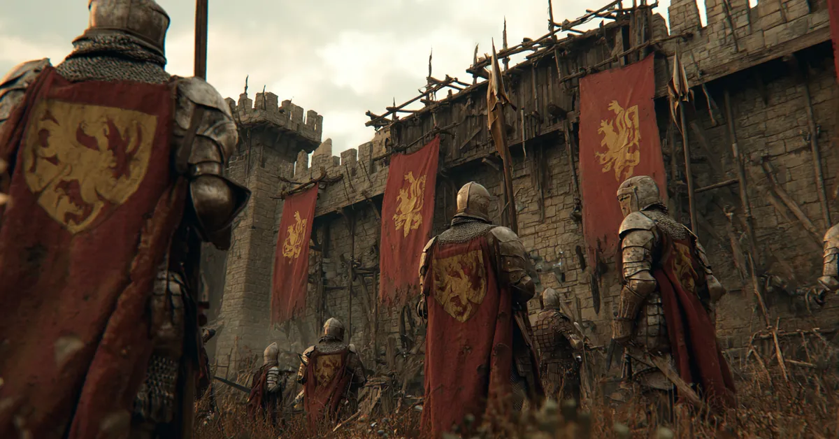 Battle-hardened soldiers in mixed mail and plate stand before the timber fortifications of Stone Hedge holding banners displaying a red stallion rampant on a golden shield