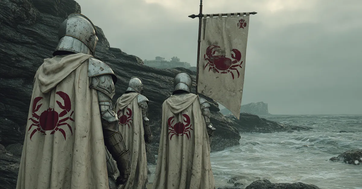 Guards in scale armor with shell motifs stand on the wave-battered rocky shore of Claw Isle holding banners showing red crabs scattered on a white field
