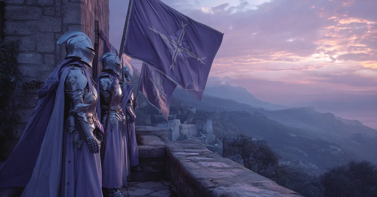 Guards in polished scale armor and flowing lavender silks stand on the high terraces of Starfall castle at twilight holding banners displaying a white sword and falling star