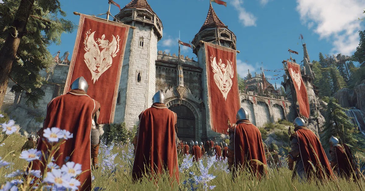 Guards in steel plate and fine wool stand at the gates of Brightwater Keep amidst lush fields holding ornate banners displaying a red fox on an ermine field
